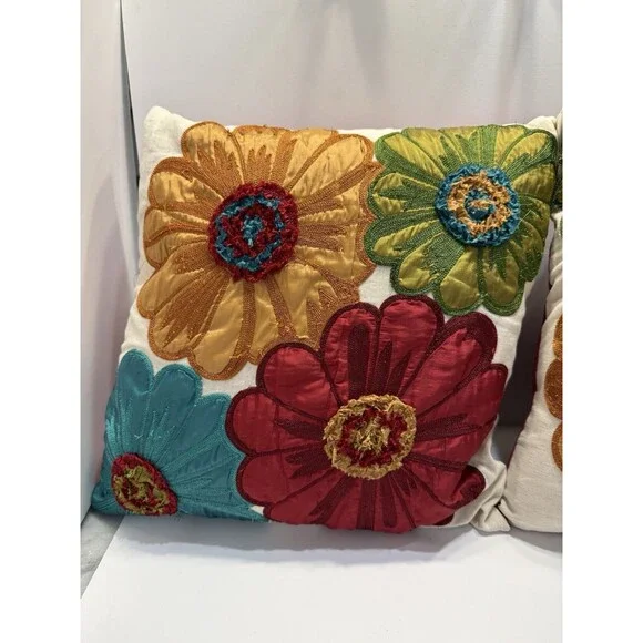 Pier 1 Imports Embroidered Floral Pillows 17x15 Boho Multicolor Embroidery Set 2 - Picture 2 of 11